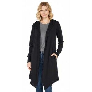 CAbi Cardigan Womens Black Open Front Hooded Duster Waterfall Size S Style 181